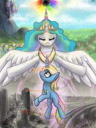 Size: 1500x2000 | Tagged: dead source, safe, artist:versimer, princess celestia, oc, oc:celestai, oc:little lovehorn, alicorn, pony, unicorn, fanfic:friendship is optimal, artificial intelligence, blank flank, building, canterlot, car, cover, fanfic, fanfic art, fanfic cover, female, highway, mare, virtual reality