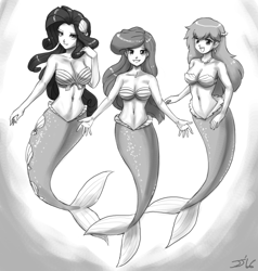 Size: 1500x1575 | Tagged: safe, artist:johnjoseco, rarity, human, mermaid, ariel, belly button, big breasts, breasts, cleavage, crossover, disney, female, grayscale, humanized, mermaidized, mermarity, midriff, misty (pokémon), monochrome, pokémon, raritits, seashell, the little mermaid