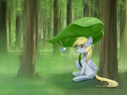 Size: 1199x898 | Tagged: safe, artist:t0zona, artist:teateajing, edit, derpy hooves, parasprite, pegasus, pony, female, forest, leaf, looking at each other, mare, rain, sitting, smiling, tree