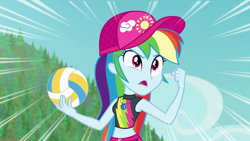 Size: 1920x1080 | Tagged: safe, derpibooru import, screencap, rainbow dash, better together, equestria girls, forgotten friendship, ball, beach, beach ball, beach volleyball, belly, belly button, bikini, cap, clothes, dynamic lines, geode of super speed, hat, lines, magical geodes, midriff, sleeveless, swimsuit