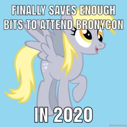 Size: 500x500 | Tagged: safe, derpy hooves, pegasus, pony, 2019, 2020, bits, bronycon, end of bronycon, female, image macro, mare, meme, solo, text
