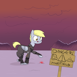 Size: 3000x3000 | Tagged: safe, artist:moonatik, derpy hooves, pegasus, pony, alternate timeline, armor, atg 2018, clothes, crystal war timeline, imminent death, landmine, mine, minefield, newbie artist training grounds, soldier, solo, this will end in death, this will end in tears and/or death, tongue out, uniform