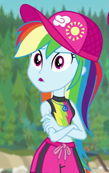 Size: 587x927 | Tagged: safe, derpibooru import, screencap, rainbow dash, better together, equestria girls, forgotten friendship, cap, clothes, crossed arms, female, geode of super speed, hat, magical geodes, shorts, sleeveless, swimsuit