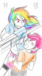 Size: 720x1280 | Tagged: safe, artist:asdf314159265, derpibooru import, rainbow dash, scootaloo, equestria girls, female, hitting, humanized, punch, punishment