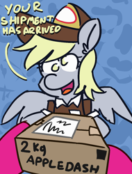 Size: 950x1250 | Tagged: safe, artist:threetwotwo32232, derpy hooves, oc, oc:fizzy pop, pegasus, pony, atg 2018, dialogue, female, hat, looking at you, mare, newbie artist training grounds, no pupils, package, shipping, solo focus