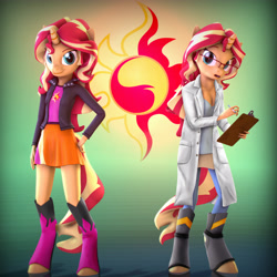 Size: 5200x5200 | Tagged: safe, artist:imafutureguitarhero, artist:kaemantis, sunset shimmer, anthro, unguligrade anthro, unicorn, equestria girls, friendship games, the science of magic, 3d, absurd resolution, adaptation, boots, breasts, chromatic aberration, cleavage, clipboard, clothes, colored eyebrows, cutie mark, dress, duality, equestria girls outfit, female, film grain, freckles, glasses, horn, jacket, lab coat, leather, leather jacket, mare, miniskirt, paintover, pen, recursive fanart, shirt, shoes, skirt, solo, source filmmaker, square, sunset the science gal