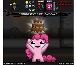 Size: 4000x3405 | Tagged: safe, artist:facelesssoles, pinkie pie, earth pony, pony, biblethump, cake, crossover, item get, pinkamena diane pie, the binding of isaac