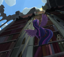 Size: 1353x1200 | Tagged: safe, artist:bakuel, derpibooru import, twilight sparkle, twilight sparkle (alicorn), alicorn, pony, castle mane-ia, book, castle of the royal pony sisters, female, flying, library, mare, perspective, ruins, scene interpretation, scenery, solo, vertigo