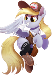 Size: 1707x2500 | Tagged: safe, artist:ncmares, derpy hooves, pegasus, pony, atg 2018, bag, boots, cap, cheek fluff, chest fluff, clothes, cute, derpabetes, ear fluff, envelope, female, fluffy, grin, hat, looking back, mailbag, mailpony, mare, messenger bag, mouth hold, newbie artist training grounds, nose wrinkle, shoes, signature, simple background, smiling, socks, solo, squee, thigh highs, underp, white background, wing fluff