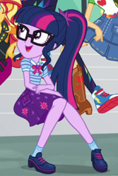 Size: 293x439 | Tagged: safe, derpibooru import, screencap, applejack, rainbow dash, sci-twi, sunset shimmer, twilight sparkle, better together, equestria girls, forgotten friendship, clothes, converse, female, geode of telekinesis, glasses, legs, magical geodes, offscreen character, ponytail, shoes, skirt, smiling