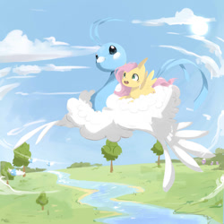 Size: 1024x1024 | Tagged: safe, artist:katemaximova, fluttershy, pegasus, pony, altaria, crossover, flying, pokémon, prone