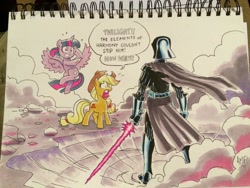 Size: 1024x768 | Tagged: safe, artist:tonyfleecs, applejack, twilight sparkle, twilight sparkle (alicorn), alicorn, earth pony, pony, crossover, darth vader, female, lightsaber, mare, star wars, traditional art