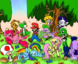 Size: 2400x2000 | Tagged: safe, artist:superdashiebros, derpibooru import, applejack, fluttershy, pinkie pie, rainbow dash, rarity, spike, twilight sparkle, dragon, earth pony, pegasus, pony, unicorn, backwards cutie mark, crossover, fire, fire breath, flutteryoshi, laughing, luigi, luigidash, luigishy, luitwi, mane seven, mane six, maridash, mario, princess peach, raripeach, scene parody, super mario bros., yoshi, yoshilight