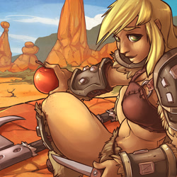 Size: 1689x1688 | Tagged: safe, artist:atryl, applejack, human, apple, armor, axe, cropped, freckles, humanized, knife, looking at you, scar, smiling, solo, unconvincing armor, weapon