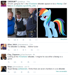 Size: 521x575 | Tagged: safe, derpibooru import, rainbow dash, human, anti-brony, fake, faker than a three dollar bill, irl, irl human, meta, op is a cuck, op is trying to start shit, photo, police, text, twitter