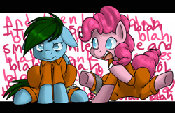 Size: 2000x1294 | Tagged: safe, artist:doomcakes, pinkie pie, oc, oc:wozzy, earth pony, pony, clothes, prison outfit, prisoner pp, shackles