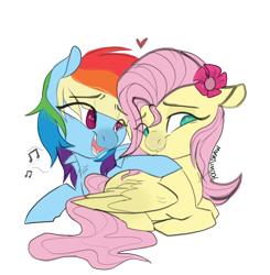 Size: 1600x1632 | Tagged: safe, artist:poowndraww, derpibooru import, fluttershy, rainbow dash, pegasus, pony, blushing, embarrassed, female, flower, flower in hair, flutterdash, heart, lesbian, looking away, mare, music notes, prone, shipping, simple background, singing, smiling, transparent background, wings