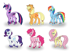 Size: 2552x1864 | Tagged: safe, artist:9de-light6, derpibooru import, applejack, fluttershy, pinkie pie, rainbow dash, rarity, twilight sparkle, twilight sparkle (alicorn), alicorn, classical unicorn, earth pony, pegasus, pony, unicorn, alternate design, female, leonine tail, mane six, mare, tail feathers