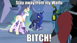 Size: 1920x1080 | Tagged: safe, edit, edited screencap, screencap, lord tirek, princess celestia, princess luna, queen chrysalis, starlight glimmer, alicorn, centaur, changeling, changeling queen, pony, unicorn, the ending of the end, bitch, female, impact font, implied starlestia, leak, lesbian, mare, shipping, starlestia, this is for emphasis bitch, vulgar, waifu