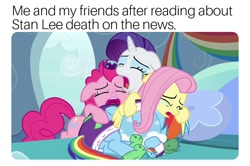 Size: 704x468 | Tagged: safe, derpibooru import, screencap, fluttershy, pinkie pie, rainbow dash, rarity, tank, earth pony, pegasus, pony, unicorn, tanks for the memories, crying, image macro, meme, sad, text