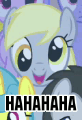 Size: 120x175 | Tagged: safe, edit, edited screencap, screencap, derpy hooves, pegasus, pony, putting your hoof down, animated, background pony, background pony audience, cute, derpabetes, female, gif, gif for breezies, haha, haha wow, image macro, laughing, mare, meme, picture for breezies, reaction image, smiling, solo focus, text, wow