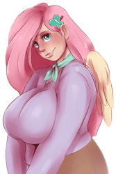 Size: 789x1181 | Tagged: safe, artist:sundown, fluttershy, human, big breasts, blushing, breasts, clothes, female, hootershy, huge breasts, humanized, looking at you, plump, scar, solo, sweatershy, winged humanization