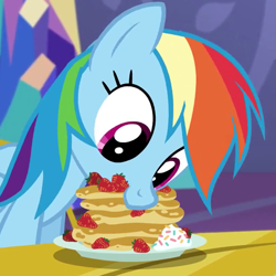 Size: 515x515 | Tagged: safe, derpibooru import, screencap, rainbow dash, pegasus, pony, castle sweet castle, cropped, cute, dashabetes, eating, female, food, nom, pancakes, solo, strawberry, whipped cream