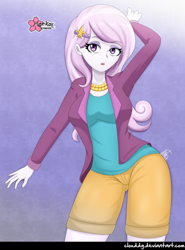 Size: 738x1000 | Tagged: safe, artist:clouddg, fleur-de-lis, better together, equestria girls, rollercoaster of friendship, clothes, female, shorts, signature, solo, wide hips