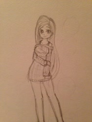 Size: 2448x3264 | Tagged: safe, artist:erikanegi, fluttershy, human, bottomless, clothes, humanized, monochrome, solo, sweatershy, traditional art