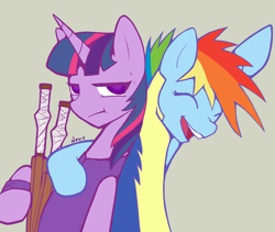 Size: 2820x2381 | Tagged: safe, artist:radioactive nero, derpibooru import, rainbow dash, twilight sparkle, unicorn twilight, pegasus, pony, unicorn, alternate hairstyle, alternate universe, clothes, eyes closed, simple background, smiling, twilight is not amused, unamused, uniform, wonderbolt trainee uniform, wooden sword, wristband