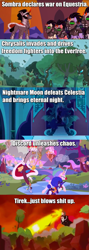 Size: 811x2275 | Tagged: safe, edit, edited screencap, screencap, discord, ivory, ivory rook, king sombra, lord tirek, nightmare moon, princess celestia, princess luna, queen chrysalis, rubinstein, alicorn, changeling, changeling queen, crystal pony, pony, the cutie re-mark, alternate timeline, caption, castle of the royal pony sisters, changeling officer, chaos, chaotic timeline, chrysalis resistance timeline, clown nose, crystal empire, crystal war timeline, discorded landscape, dystopia, everfree forest, female, image macro, magic blast, meme, mind control, nightmare takeover timeline, ponyville, sombra soldier, tirek's timeline, twilight scepter, unicycle, vulgar