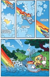 Size: 590x899 | Tagged: safe, artist:jay fosgitt, derpibooru import, idw, angel bunny, fluttershy, rainbow dash, pegasus, pony, spoiler:comic, spoiler:comicff18, cloud, cloudy, flying, frown, preview, splashing, spread wings, umbrella, water