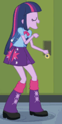 Size: 260x522 | Tagged: safe, derpibooru import, screencap, twilight sparkle, equestria girls, equestria girls (movie), animated, backpack, boots, clothes, cropped, high heel boots, hoofy-kicks, humans doing horse things, lockers, open mouth, skirt, smiling, solo, wat