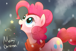 Size: 1500x1000 | Tagged: safe, artist:sion-ara, pinkie pie, earth pony, pony, clothes, scarf, snow, snowfall, solo, winter