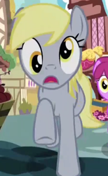 Size: 300x487 | Tagged: safe, screencap, derpy hooves, pegasus, pony, yakity-sax, blonde, blonde mane, blonde tail, cropped, female, gray coat, mare, wings