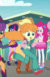 Size: 704x1079 | Tagged: safe, screencap, fluttershy, ginger owlseye, megan williams, pinkie pie, sci-twi, sunset shimmer, twilight sparkle, better together, equestria girls, g1, rollercoaster of friendship, background human, cameo, child, clothes, cropped, g1 to equestria girls, generation leap, geode of sugar bombs, pantyhose, running