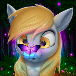 Size: 1024x1024 | Tagged: safe, artist:the1xeno1, derpy hooves, butterfly, pegasus, pony, butterfly on nose, cute, derpabetes, female, fluffy, insect on nose, mare, smiling, tree, weapons-grade cute