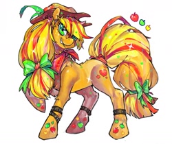 Size: 1280x1077 | Tagged: safe, artist:knifedragon, applejack, earth pony, pony, bandana, rainbow power, raised hoof, simple background, solo, tail wrap