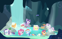 Size: 1000x627 | Tagged: safe, artist:dm29, derpibooru import, apple bloom, applejack, fluttershy, pinkie pie, rainbow dash, rarity, scootaloo, spike, sweetie belle, twilight sparkle, twilight sparkle (alicorn), alicorn, dragon, earth pony, pegasus, pony, unicorn, cave, clothes, cutie mark crusaders, eyes closed, female, freckles, mane seven, mane six, mare, one eye closed, one-piece swimsuit, swimsuit, waterfall, wet, wet mane, wet mane rarity