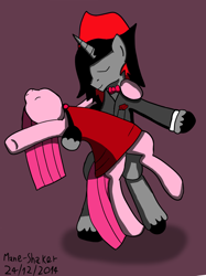 Size: 1024x1369 | Tagged: safe, artist:mane-shaker, pinkie pie, oc, oc:mane shaker, earth pony, pony, canon x oc, colored, dancing, digital art, pinkamena diane pie