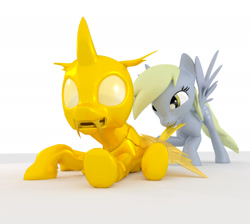 Size: 2000x1788 | Tagged: safe, artist:ghost reviews, derpy hooves, changeling, pegasus, pony, 3d, biting, blender, cute, cuteling, dragging, gold, goldling, panic, tail bite