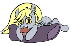 Size: 1000x646 | Tagged: safe, artist:icey-wicey-1517, artist:sepiakeys, color edit, edit, derpy hooves, pegasus, pony, colored, eyeshadow, female, food, makeup, mare, muffin, nom, pillow, simple background, solo, white background