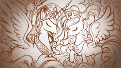 Size: 3000x1688 | Tagged: safe, artist:lanveril, princess celestia, princess luna, alicorn, pony, eyes closed, horns are touching, monochrome, sisters