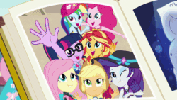 Size: 800x450 | Tagged: safe, derpibooru import, screencap, applejack, bulk biceps, fluttershy, pinkie pie, rainbow dash, rarity, sci-twi, sunset shimmer, twilight sparkle, equestria girls, equestria girls series, forgotten friendship, animated, best muscles, book, canterlot high, clothes, geode of fauna, geode of sugar bombs, geode of super speed, gif, humane five, humane seven, humane six, iris out, ketchup vein, kissing, kissy face, magical geodes, muscles, nipples, now kiss, nudity, partial nudity, pose, school, swimsuit, topless, vein, vein bulge, yearbook, yearbook photo