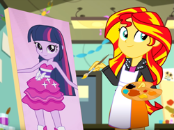 Size: 1011x758 | Tagged: safe, edit, edited screencap, editor:backgroundlol, editor:gay-horse, screencap, sunset shimmer, twilight sparkle, twilight sparkle (alicorn), alicorn, eqg summertime shorts, equestria girls, equestria girls (movie), the art of friendship, clothes, cute, dress, exploitable meme, fall formal outfits, female, lesbian, meme, painting, shimmerbetes, shipping, sunset's painting, sunsetsparkle