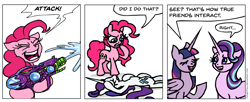 Size: 1174x481 | Tagged: safe, artist:gingerfoxy, pinkie pie, rarity, starlight glimmer, twilight sparkle, twilight sparkle (alicorn), alicorn, earth pony, pony, unicorn, pony comic generator, comic, dialogue, squirt gun, text, water