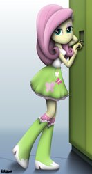 Size: 3315x6213 | Tagged: safe, artist:kiowa213, fluttershy, butterfly, equestria girls, absurd resolution, bedroom eyes, boots, clothes, female, high heel boots, leaning, locker, lockers, looking at you, signature, skirt, socks, solo, tanktop