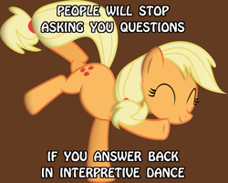 Size: 1274x1024 | Tagged: safe, applejack, earth pony, pony, advice, caption, dancing, eyes closed, interpretive dance, solo