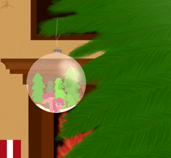 Size: 1500x1385 | Tagged: safe, artist:zeeponi, pinkie pie, earth pony, pony, christmas tree, female, fireplace, mare, ornament, present, solo, tree