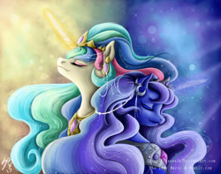 Size: 1024x805 | Tagged: safe, artist:cissy-kitsune23, princess celestia, princess luna, alicorn, pony, eyes closed, magic, sisters, smiling, solo